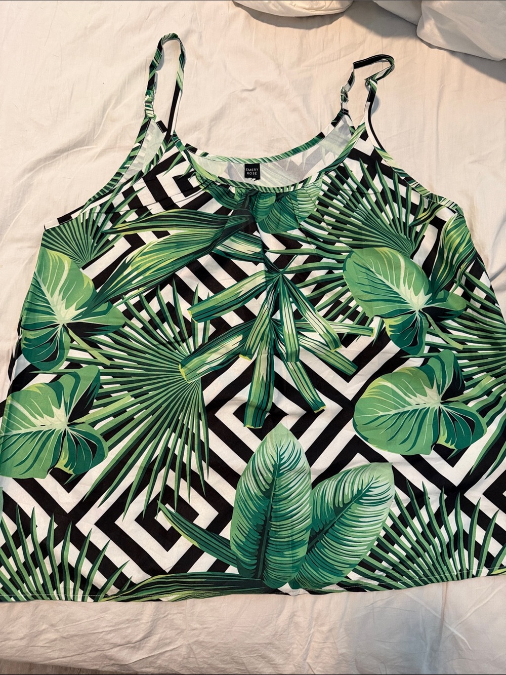 Green Tropical Print Cami with Black & White Geo Stripes